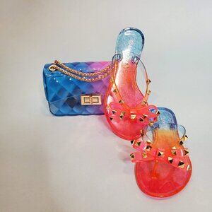 New in Box Mom & Me Rainbow Gold Studded Bowtie Jelly Flip Flops, 11-4K, 6-10M